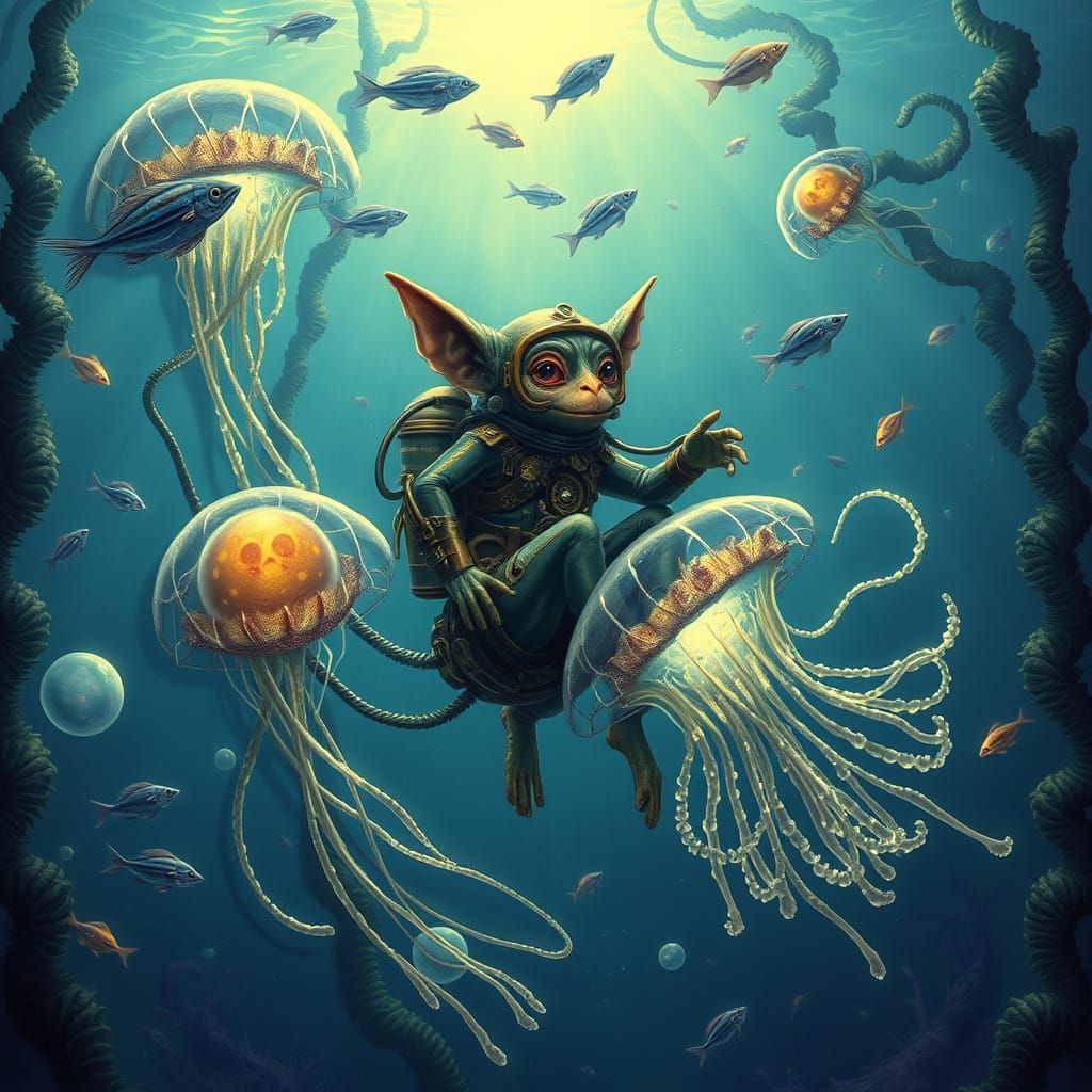 Gremlin Rides Jellyfish Through Cosmic Kelp Forest