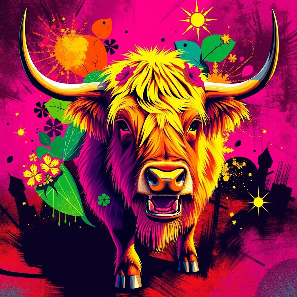 Pop Art Hawaiian Nelore Cattle with Bold Shadows