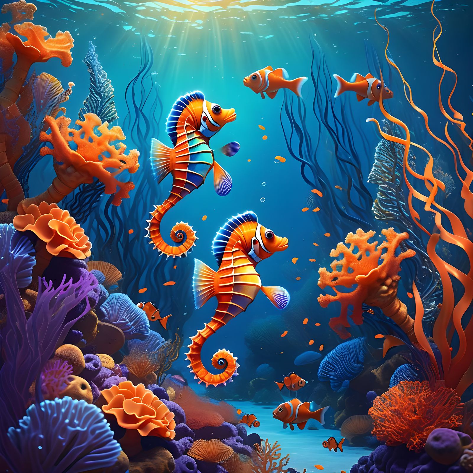 Nemo Fishes Swim with Seahorse in Vibrant Coral Reef Wonderl...