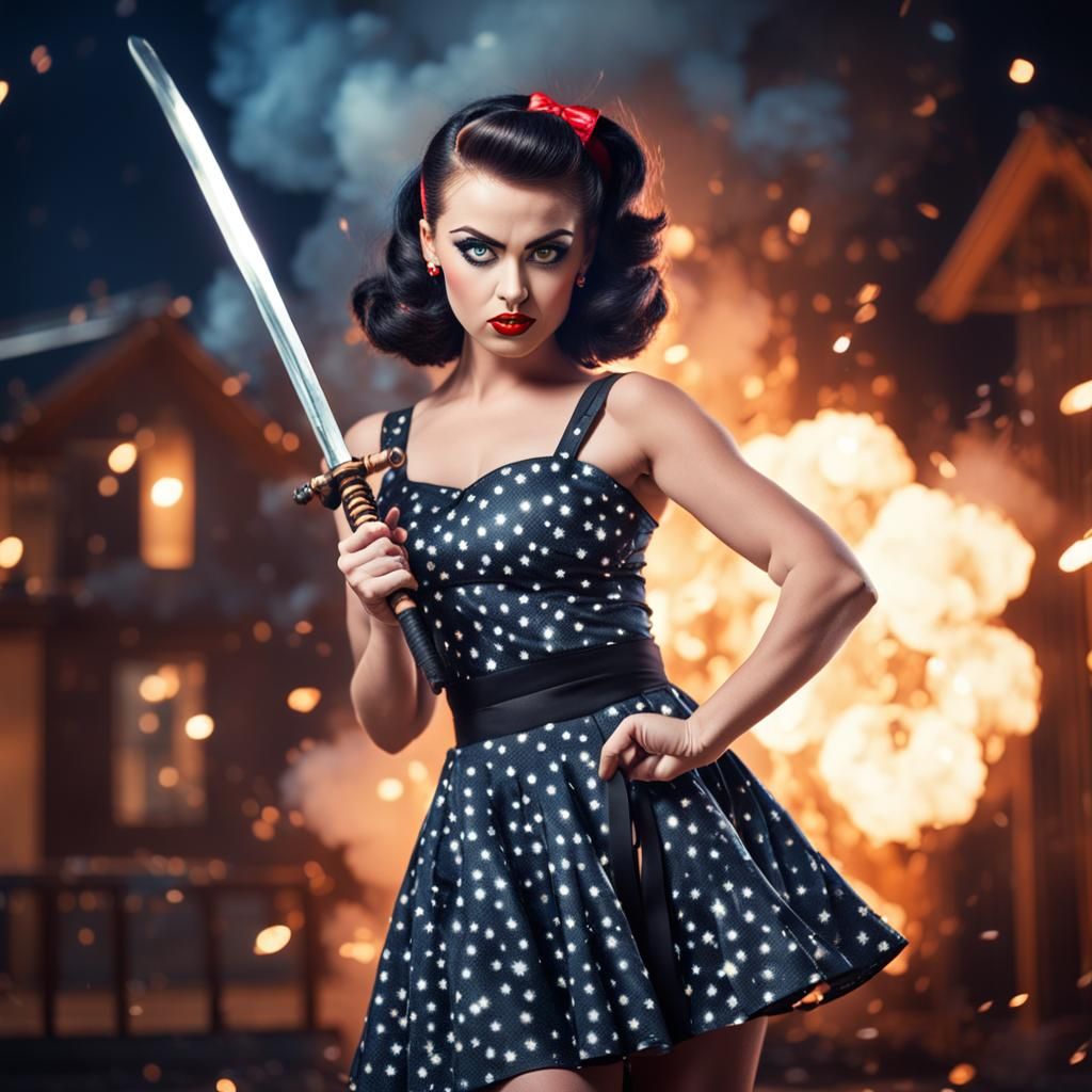 Pinup Model with Katana in Explosive Setting