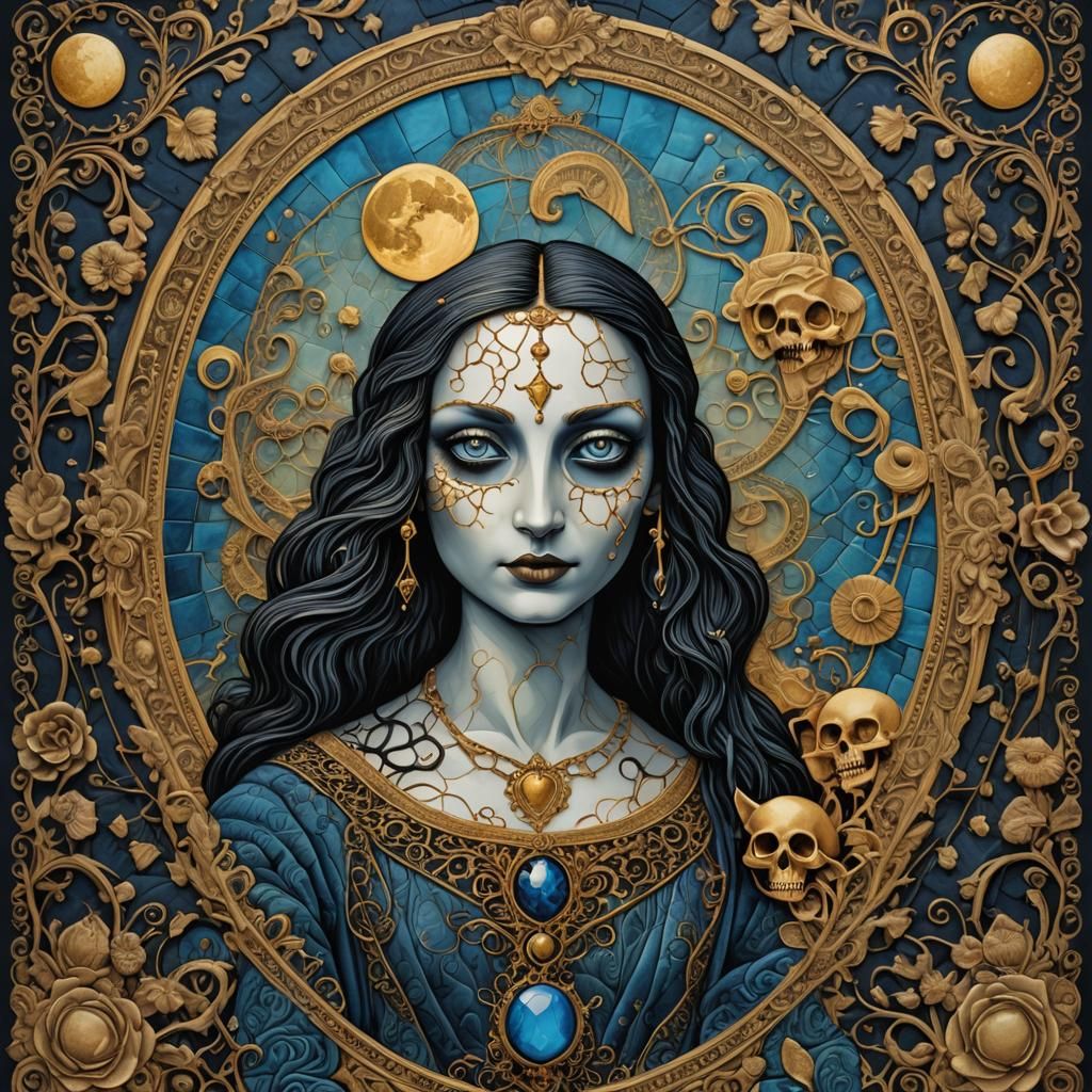 Whimsical Ink Heart with Dancing Ghosts and Moon