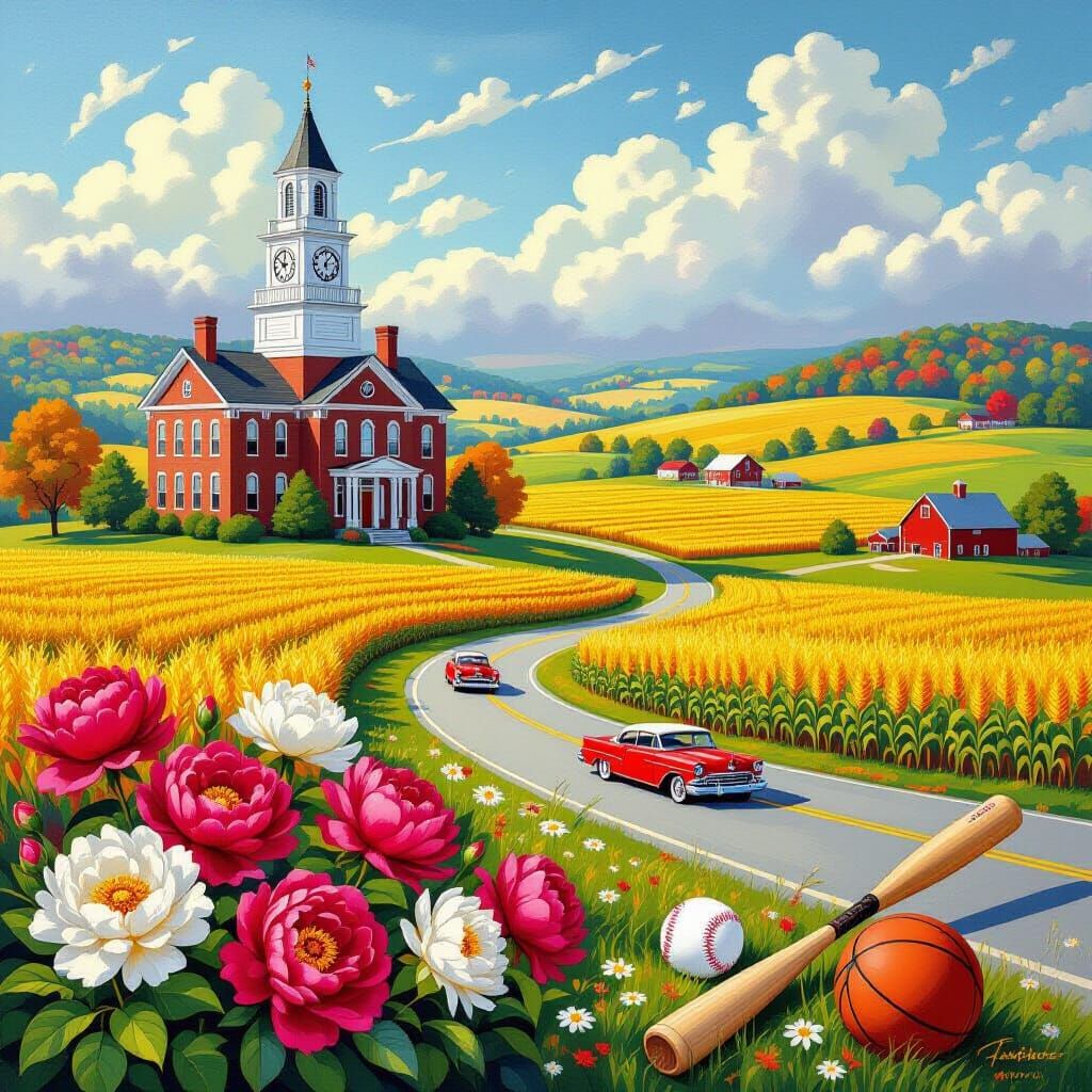 Indiana Landscape with Courthouse in Painterly Style