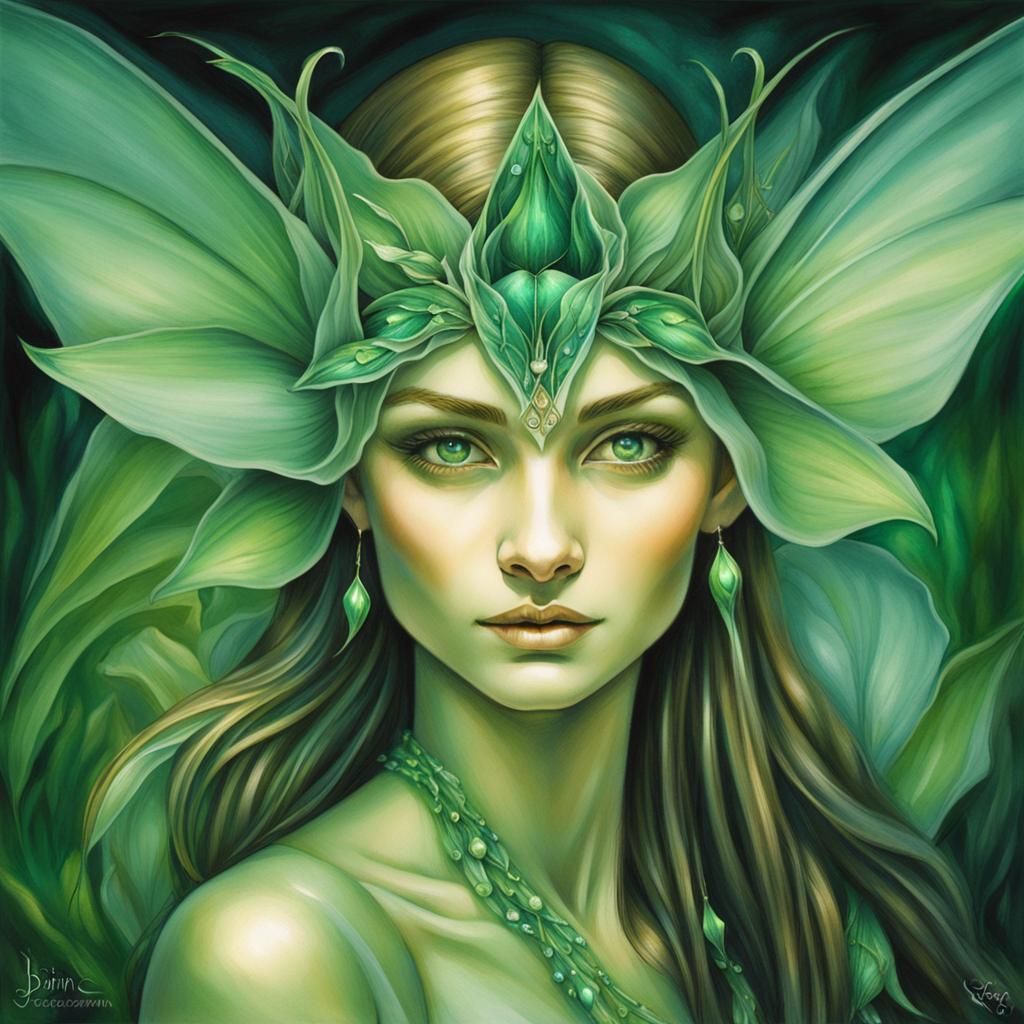 Fairy Maiden Portrait with Emeralds, Digital Illustration