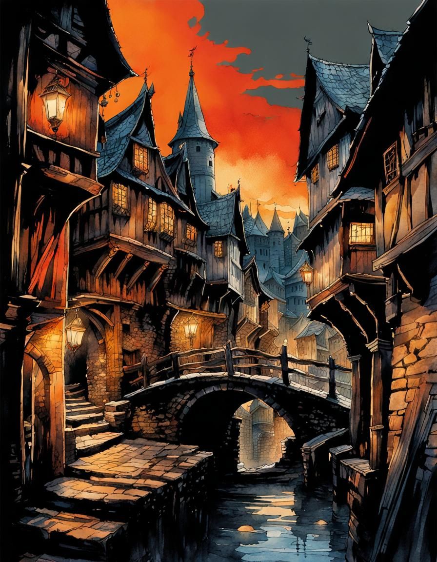 Medieval Capital at Night in Watercolor and Ink