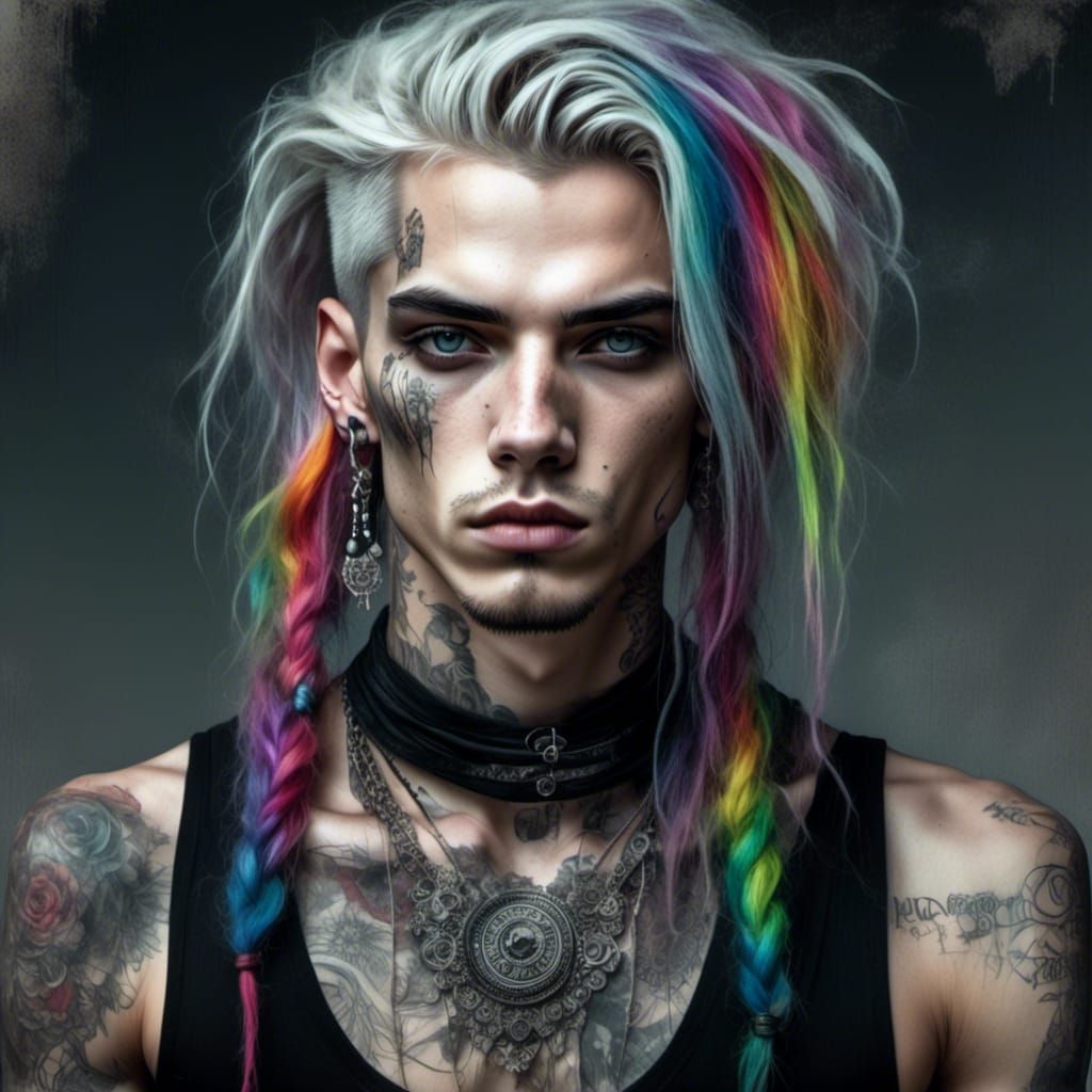 Goth Portrait with Rainbow Hair in Grunge Style