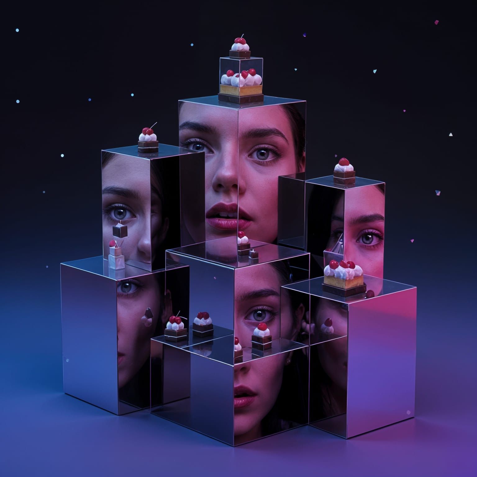 Fragmented Reflections: Geometric Mirror Dessertscape Portra...