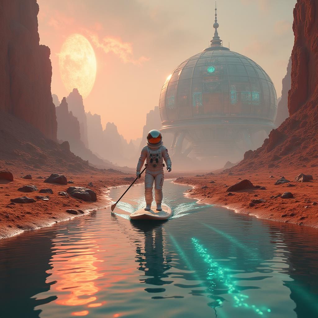 Astronaut Paddle Boarding on Mars: Digital Matte Painting
