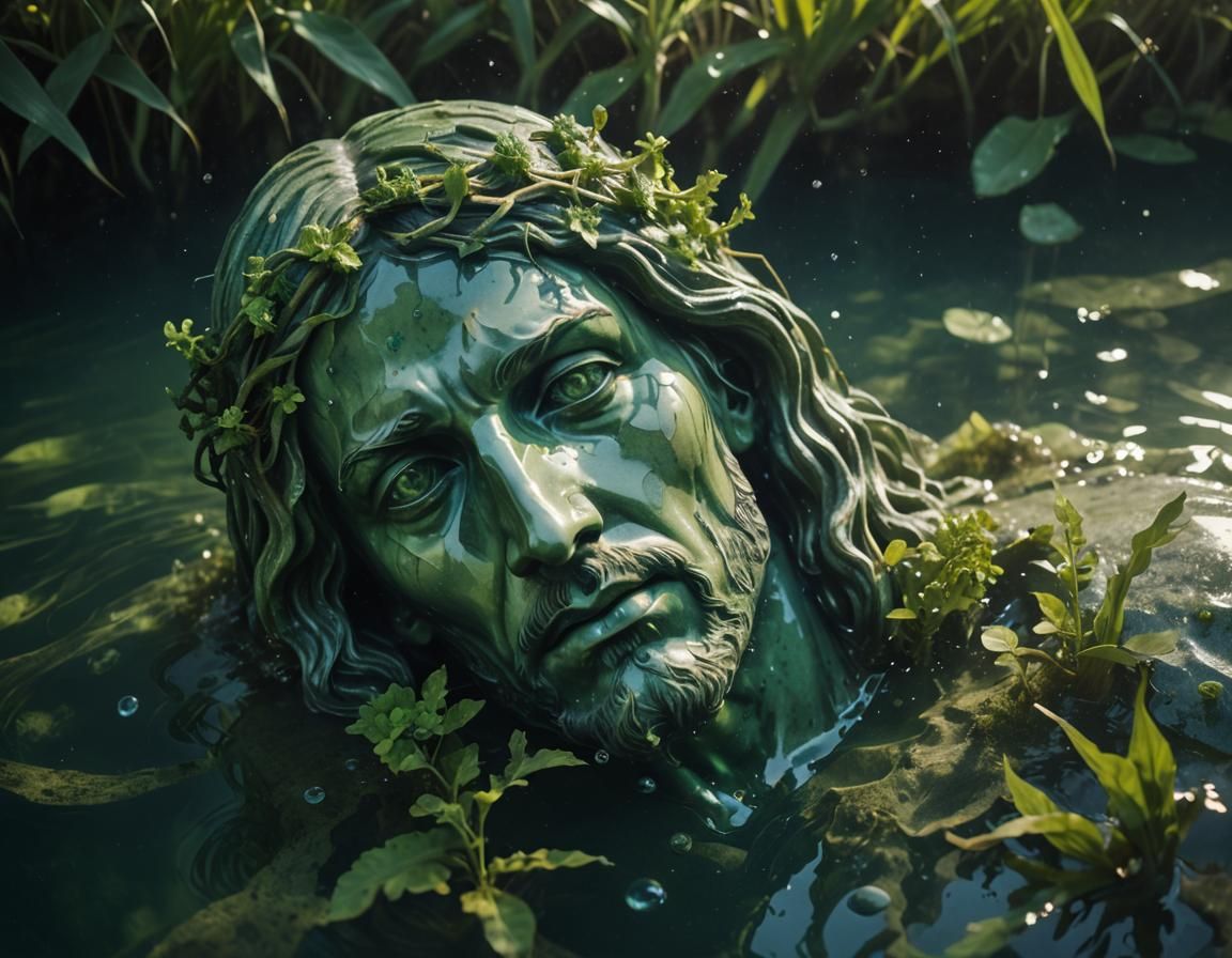 Underwater Christ Statue in Surrealist Style