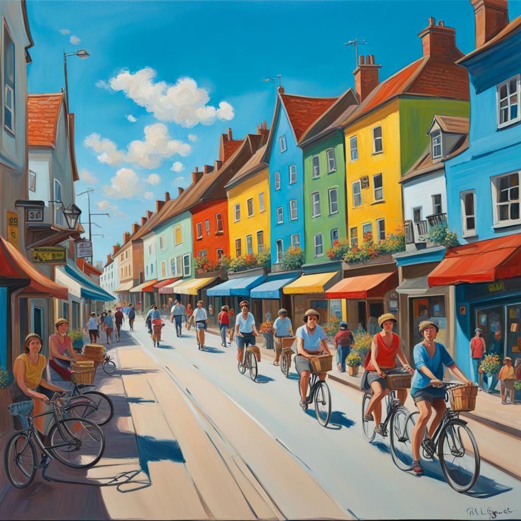 Bustling Car-Free Village Street in Oil on Canvas
