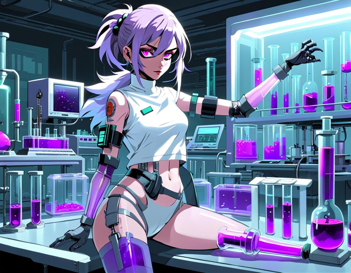 Cyberpunk Mad Scientist in Futuristic Lab