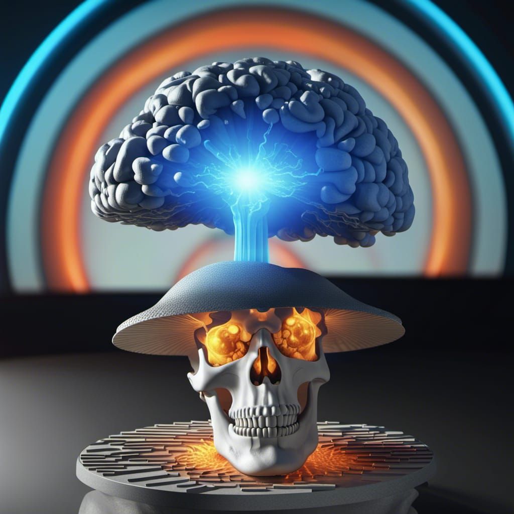 Surreal Skull Face Under Atomic Cloud, 3D Render