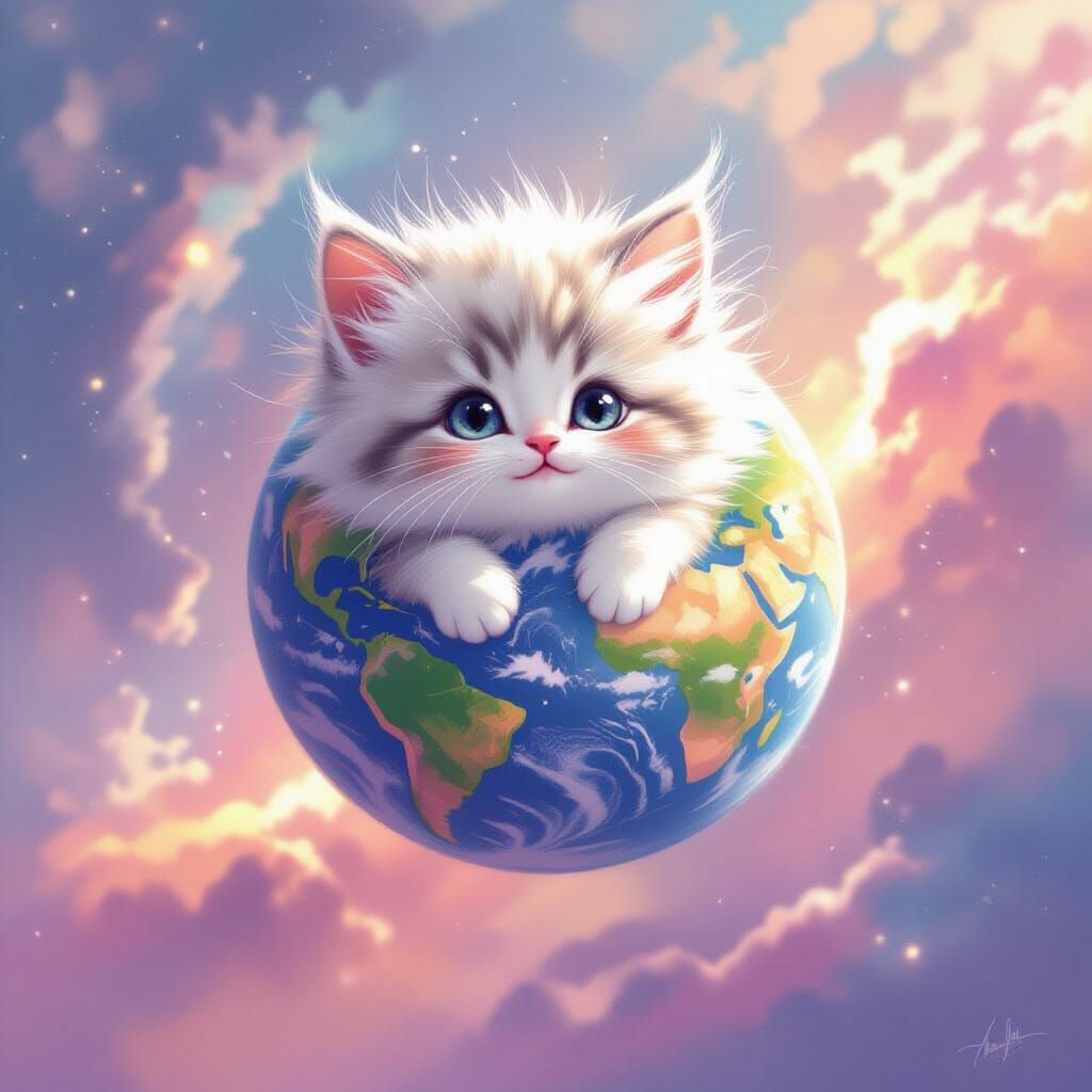 Kitten-Headed Earth in Pastel Nebula, Dreamy Art
