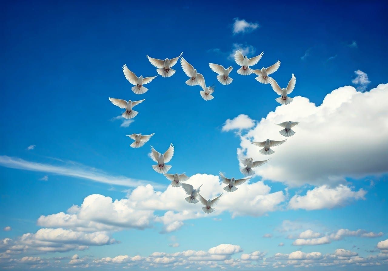 Whites and Grays Doves in Delicate Heart Formation
