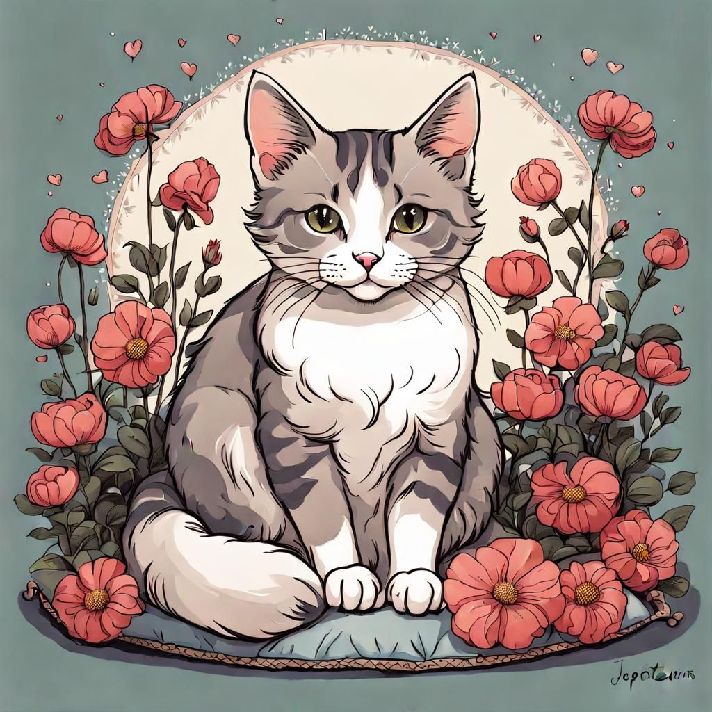 Cute Cat Surrounded by Flowers Cartoon