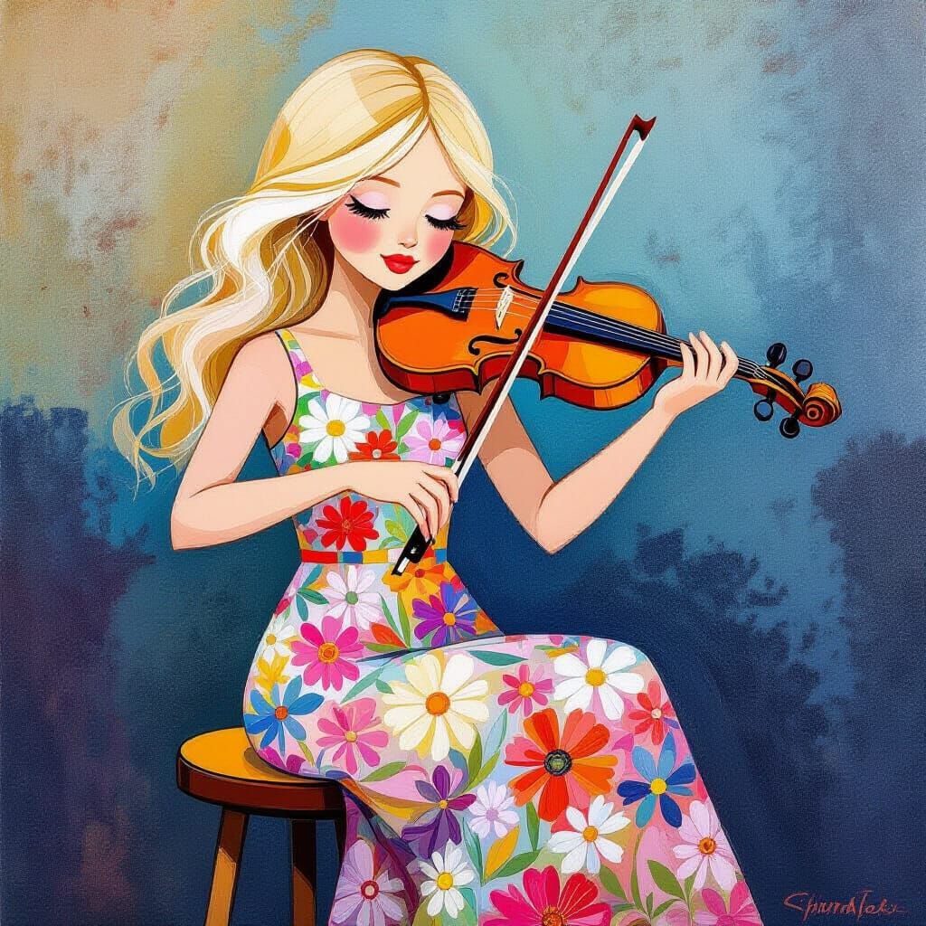 Blond Girl Plays Violin in Abstract Style