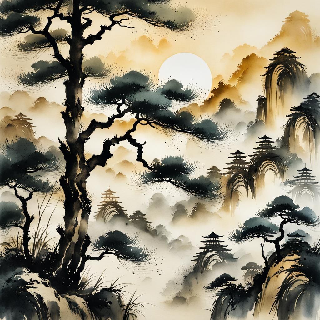Muted Chinese Ink Painting of a Pine Tree