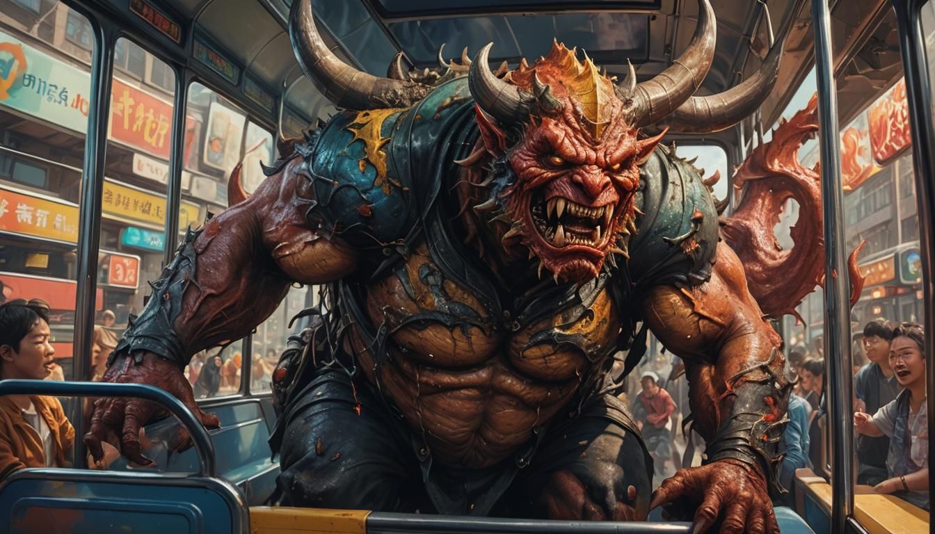 Demon Rides a Bus: Hyperrealistic Splash Art