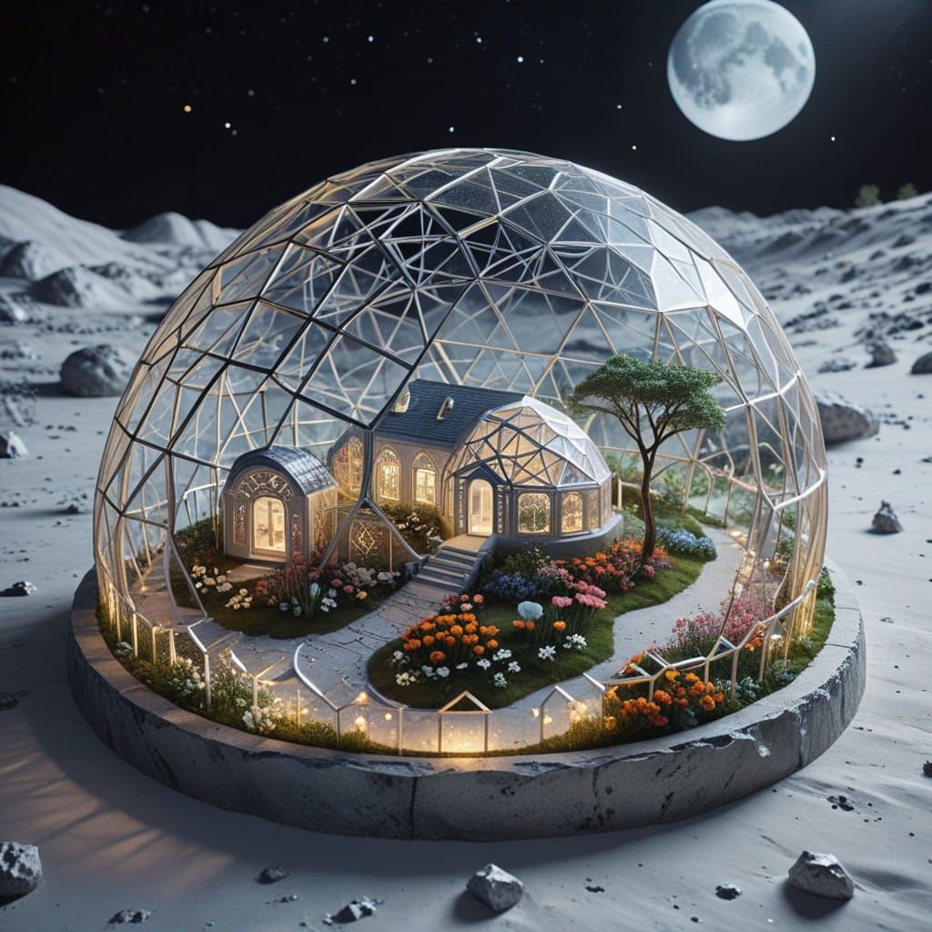 Moonlit Lunar Oasis in Geodesic Dome Community
