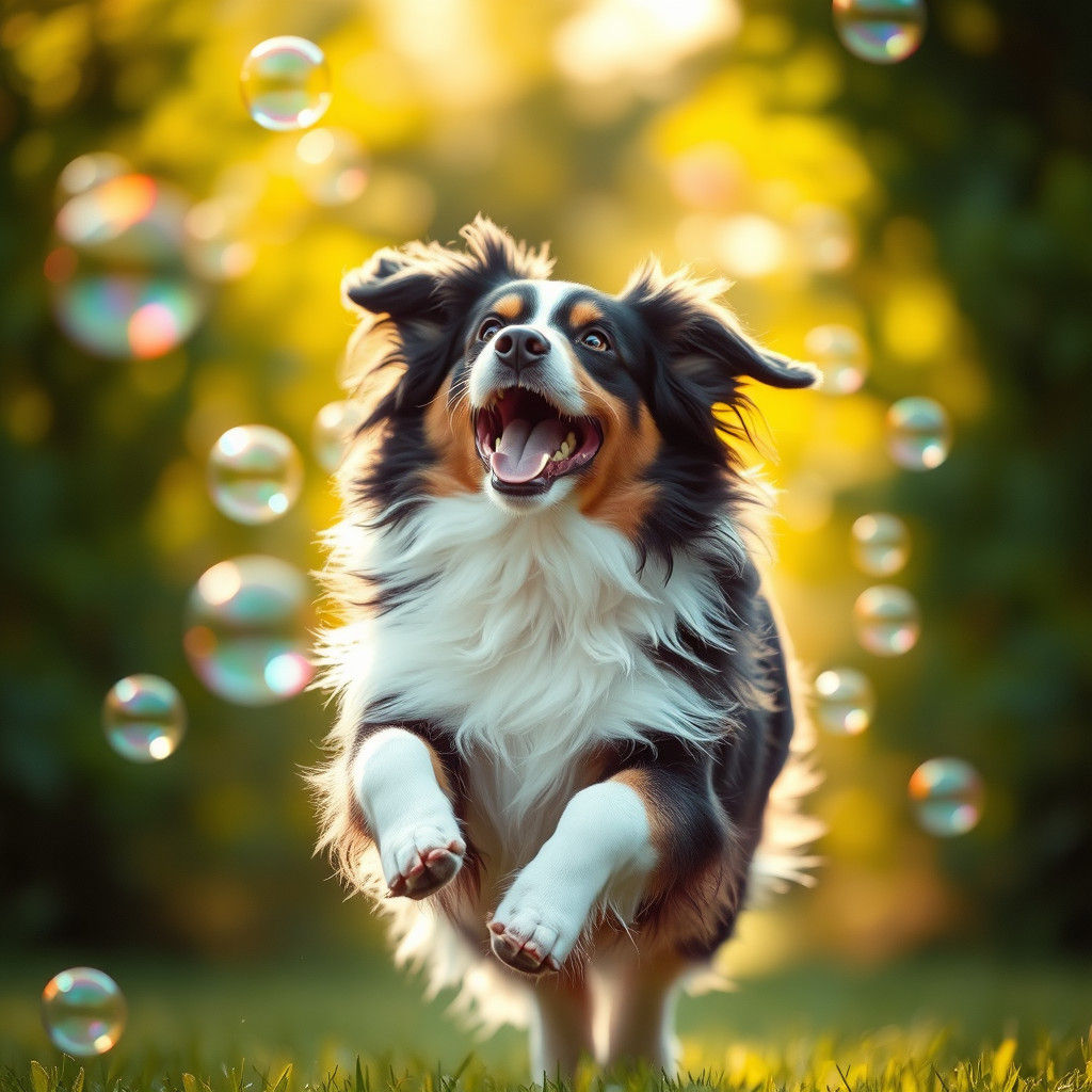 Dancing Australian Shepherd Chases Iridescent Bubbles in Ser...