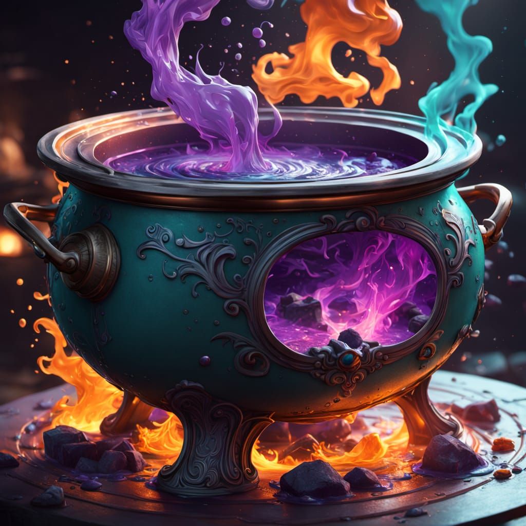 Cauldron filled with a boiling purple liquid 69