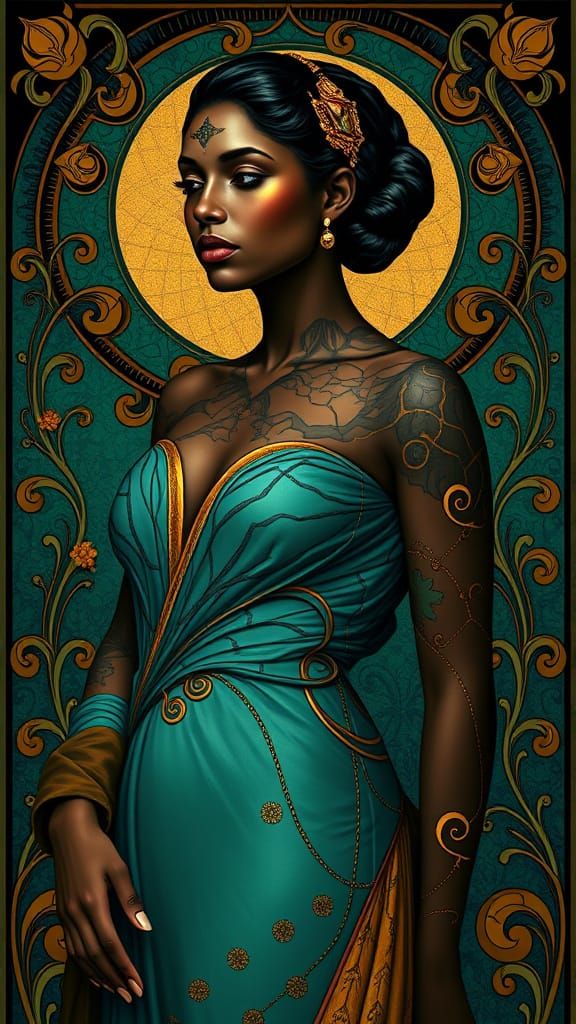 Elegant Woman Poses with Art Nouveau-Inspired Map Tattoo