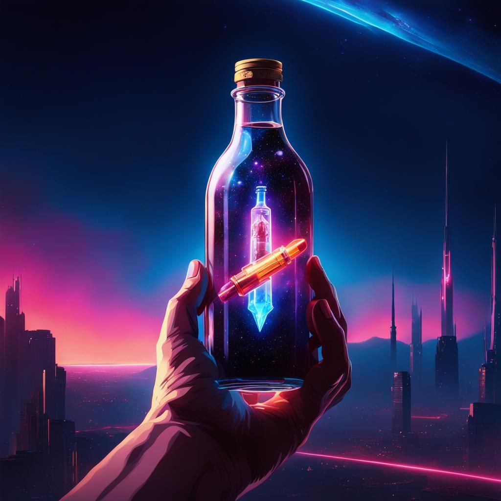 God's Hand Holds Galaxy in Cyberpunk Bottle