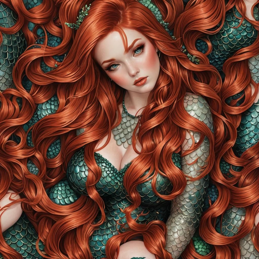 Beautiful Copper-Haired Mermaid Illustration