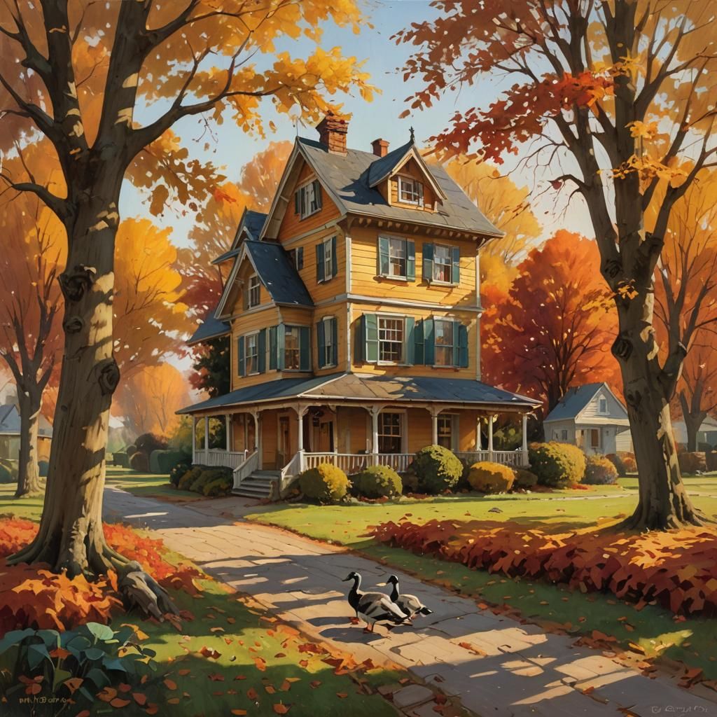 Autumn Landscape with Geese, Oil Painting Style
