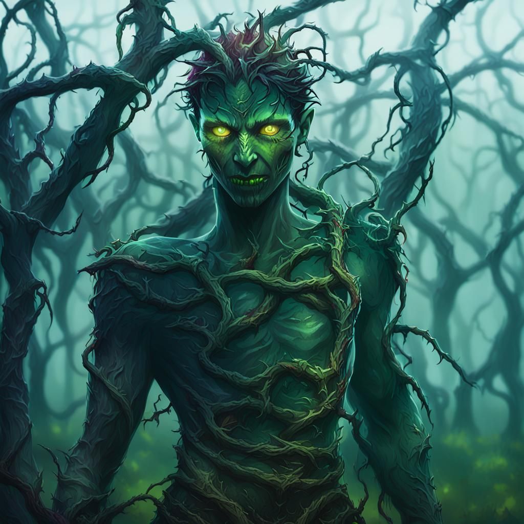 Eerie Appleborne in Misty Orchard: Dark Fantasy Art