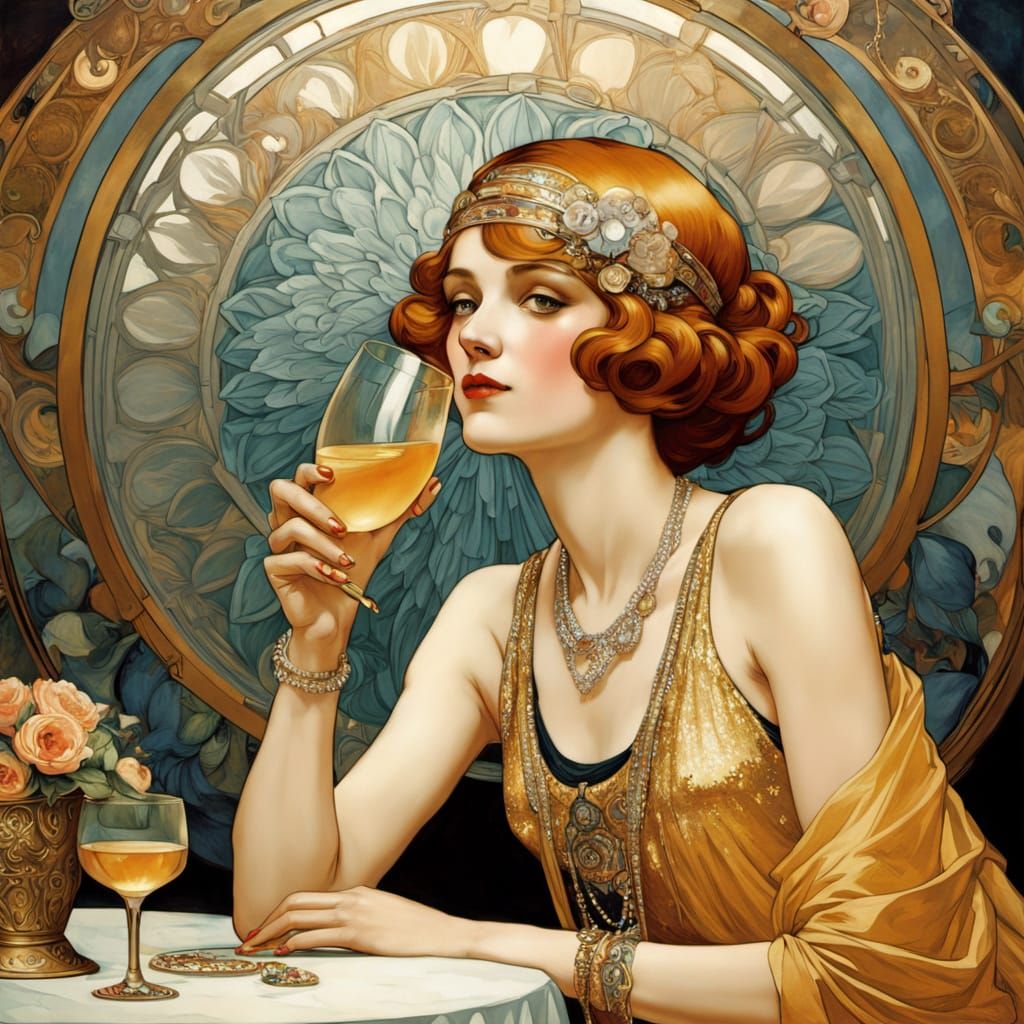 Elegant Art Deco Scene with Champagne, Klimt Style