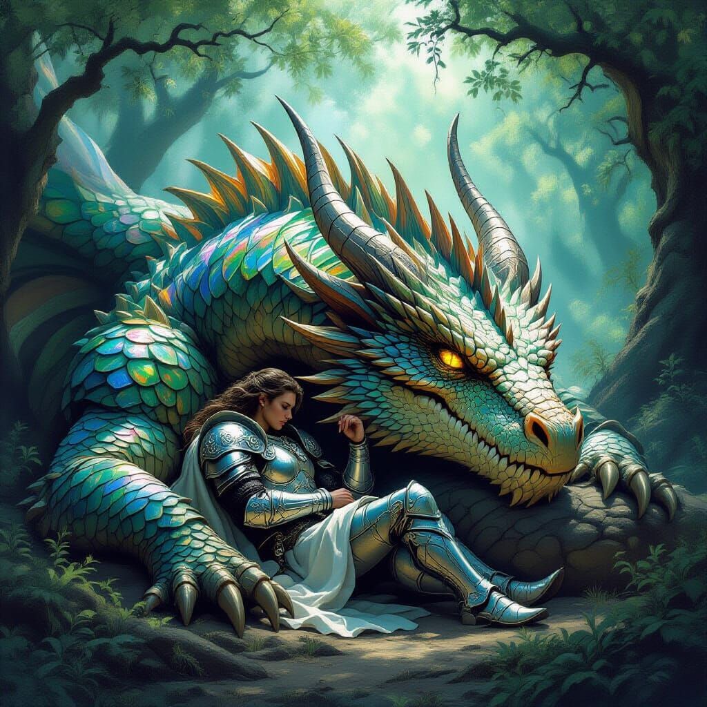 Warrior Rests on Sleeping Dragon in Bioluminescent Forest