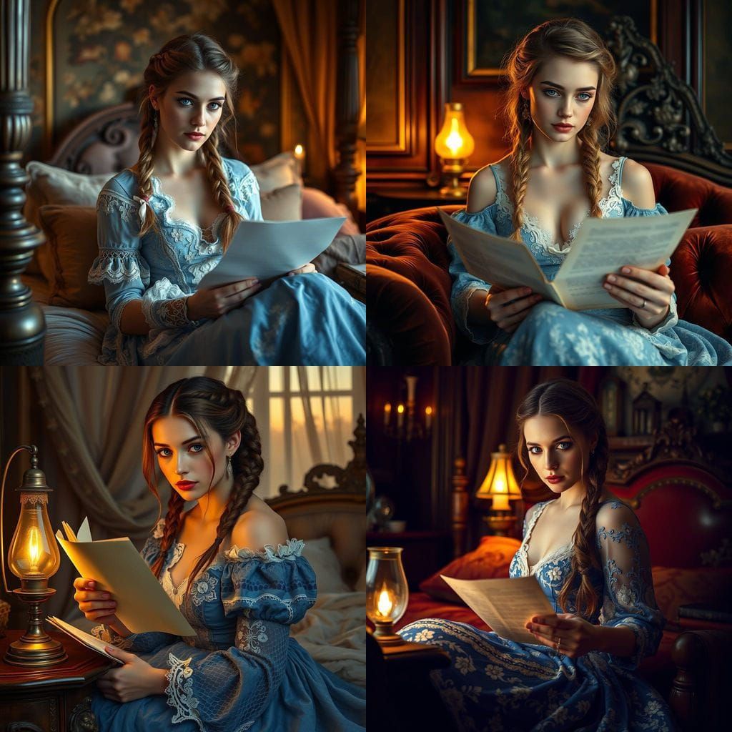 Elegant Lady Reads by Oil Lamp in 19th Century Blue Lace Dre...