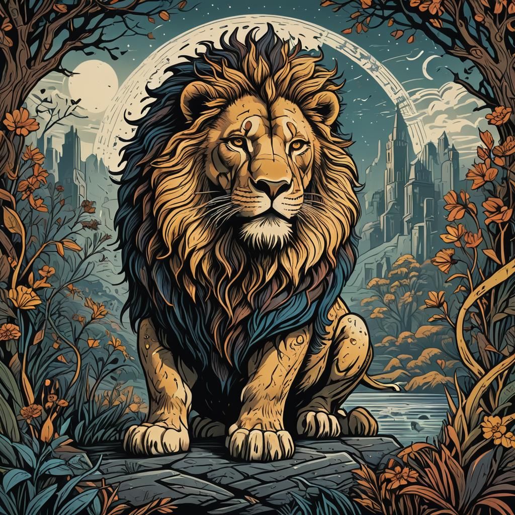 Detailed Linocut Lion Drawing in Matte Style