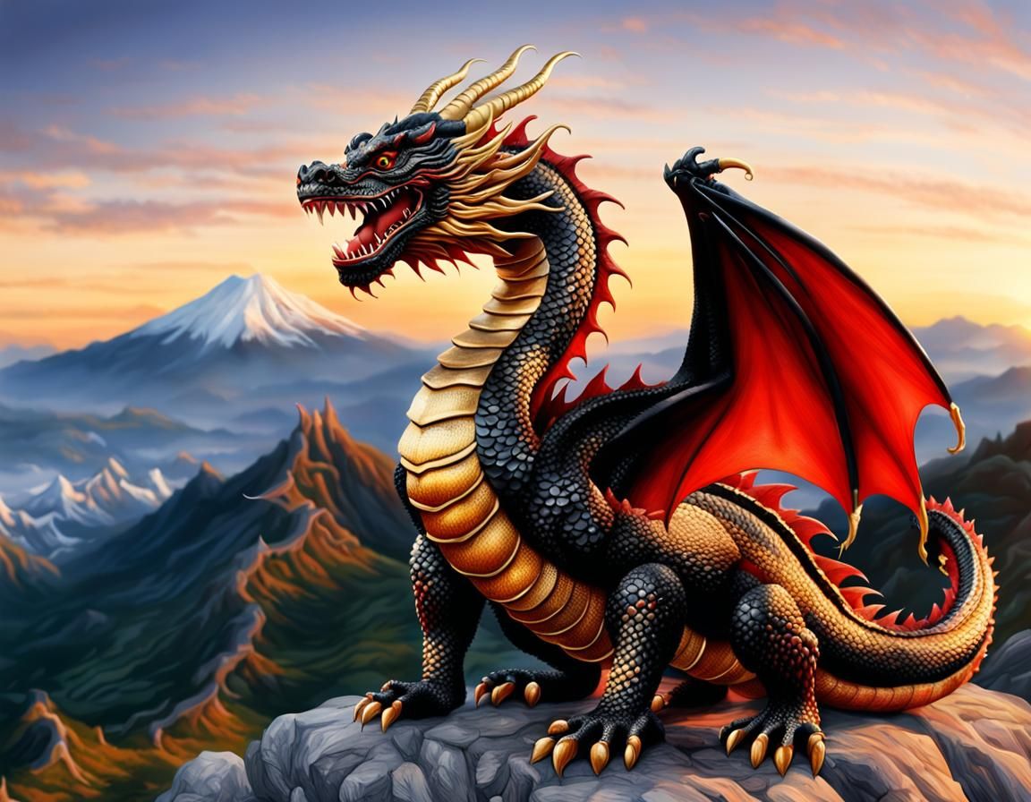 Happy Red and Gold Dragon Overlooking Sunset Mountains
