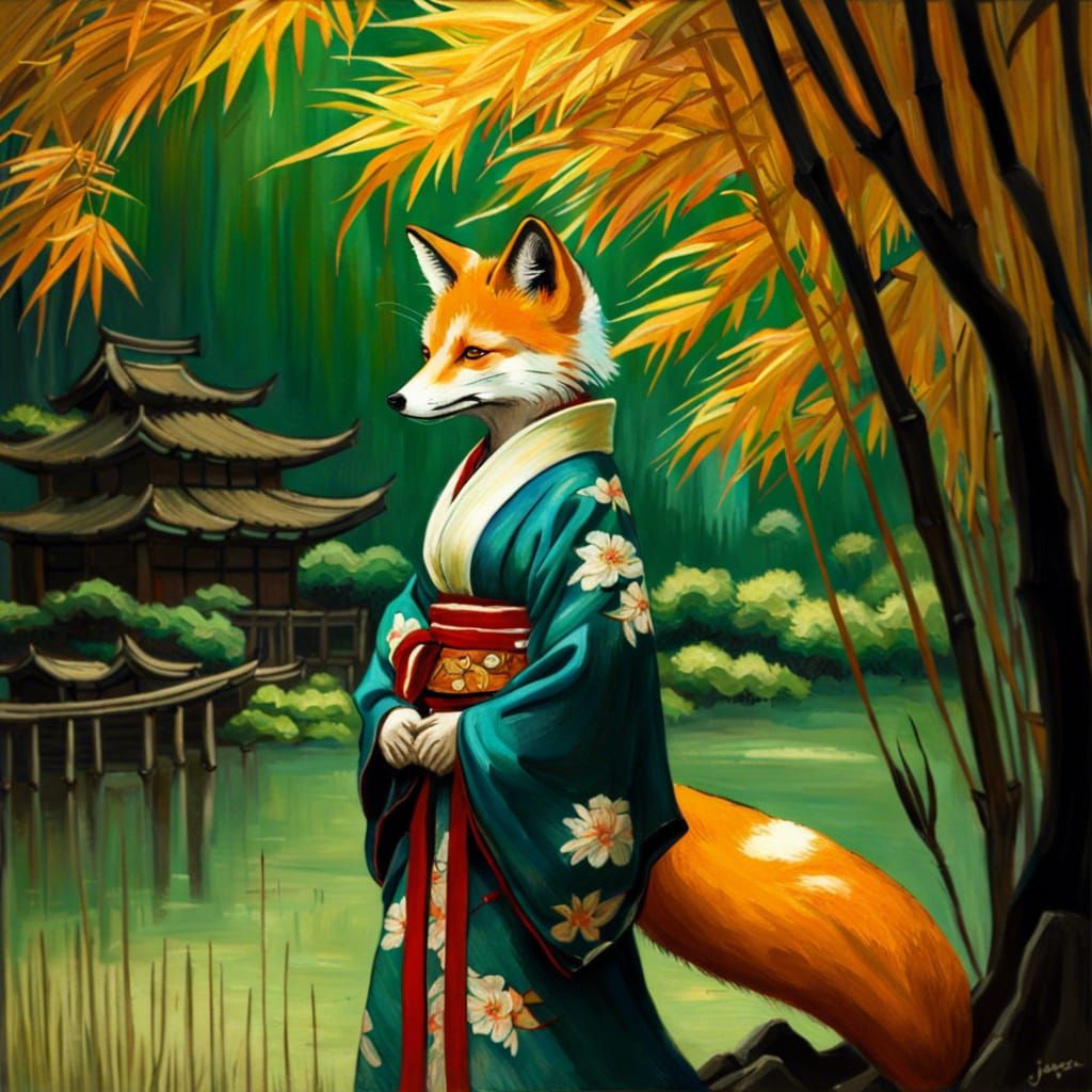 Kitsune Fox in Bamboo Forest, Van Gogh Style