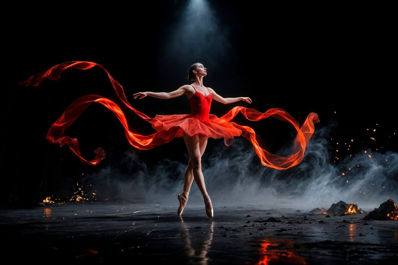 Ballerina Dances Amidst Embers with Light Painting