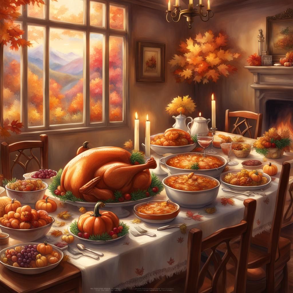 Cozy Thanksgiving Feast in Anime Art Style