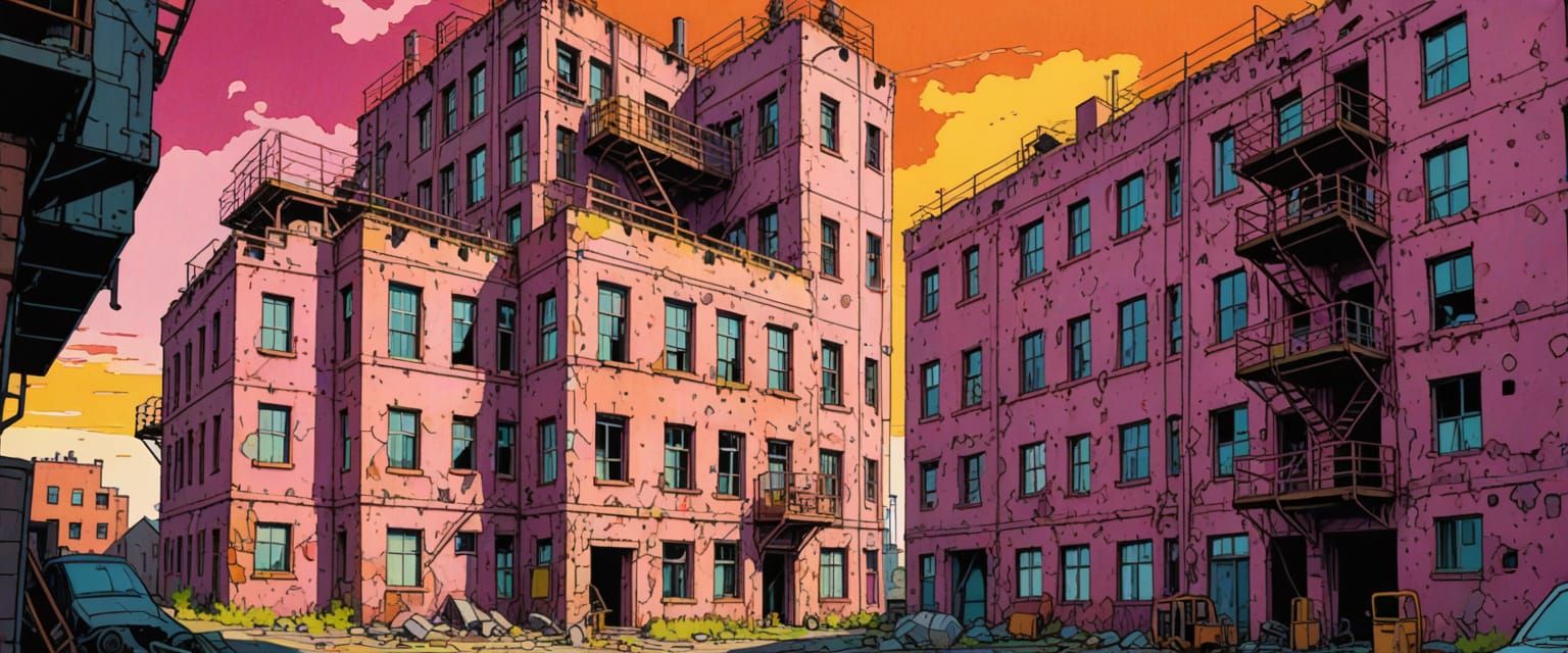 Industrial Wasteland in Comic Book Style Watercolor