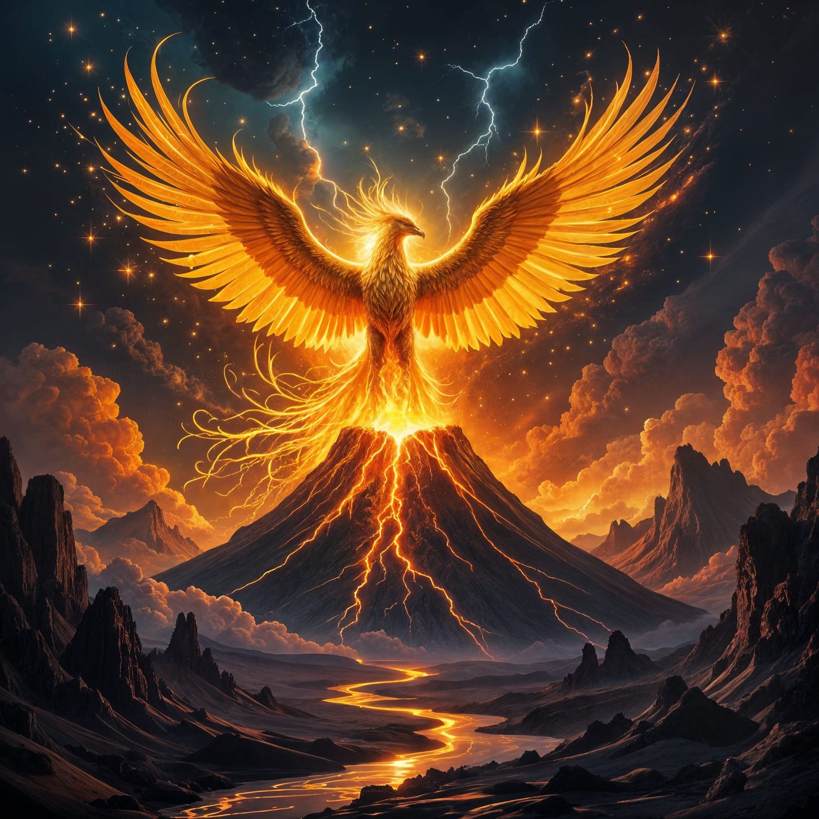 Golden Phoenix Erupts from Volcano in Hyper-Surreal Style