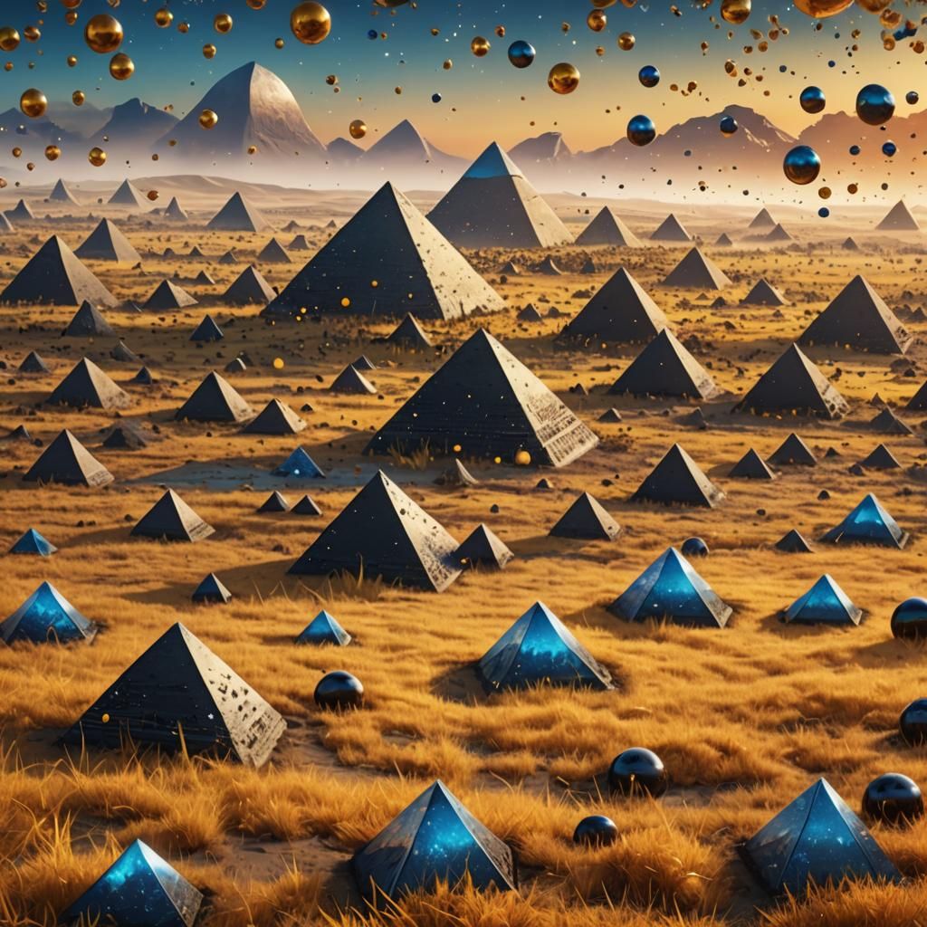 Ethereal Pyramids Above Yellow Grass: Digital Matte Painting