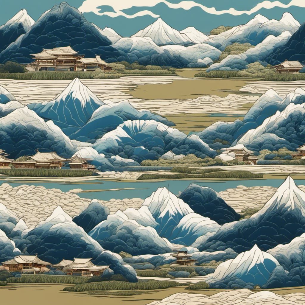 Rice Fields and Mountains in Hokusai Style