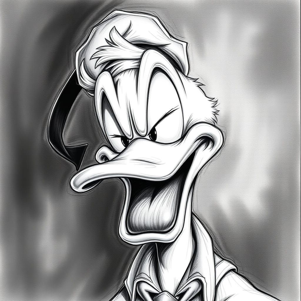 Donald Duck in a Hyperdetailed Charcoal Drawing