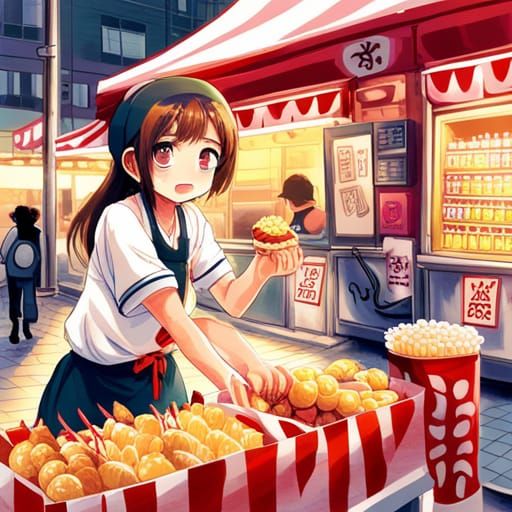 Anime Girl at Takoyaki Stand: Tokyo Street Art