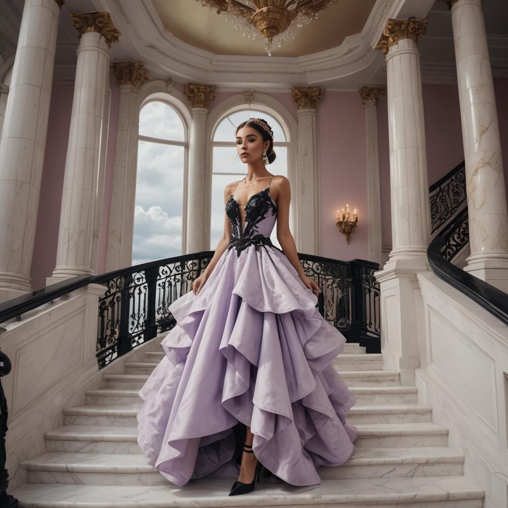 Mansion in Clouds with Golden Stairwells: Cinematic Film Sti...