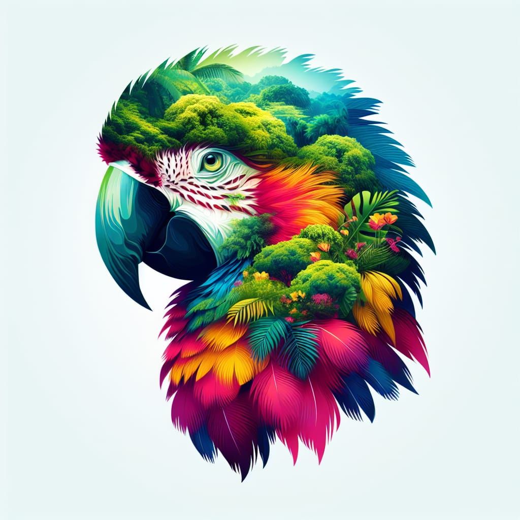 Vibrant Parrot Jungle Double Exposure Digital Art