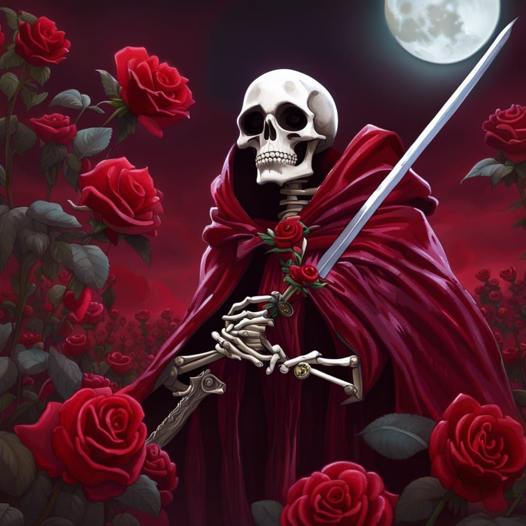 Gothic Cartoon Skeleton in Crimson Rose Garden