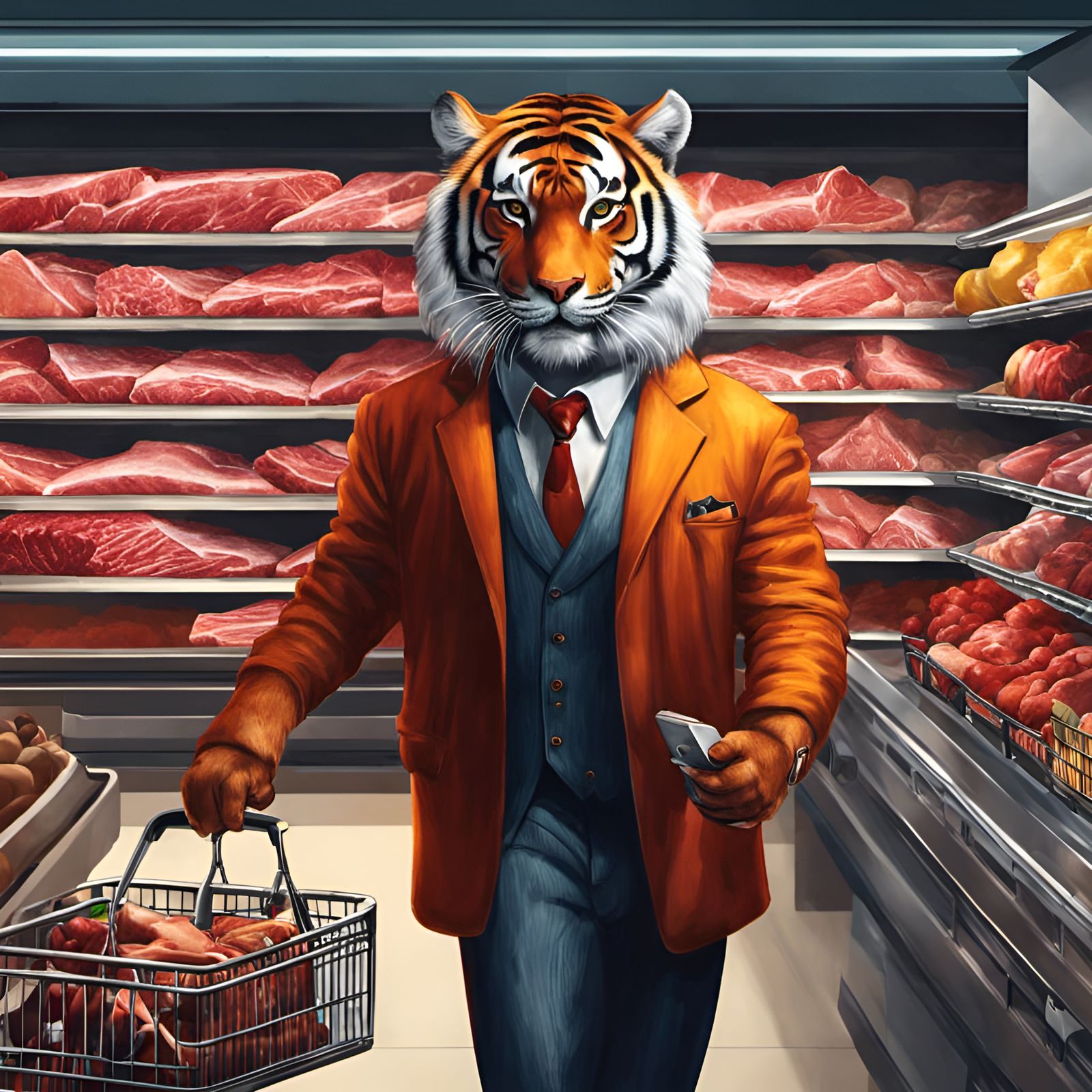 Anthropomorphic Siberian Tiger Shopping in Supermarket