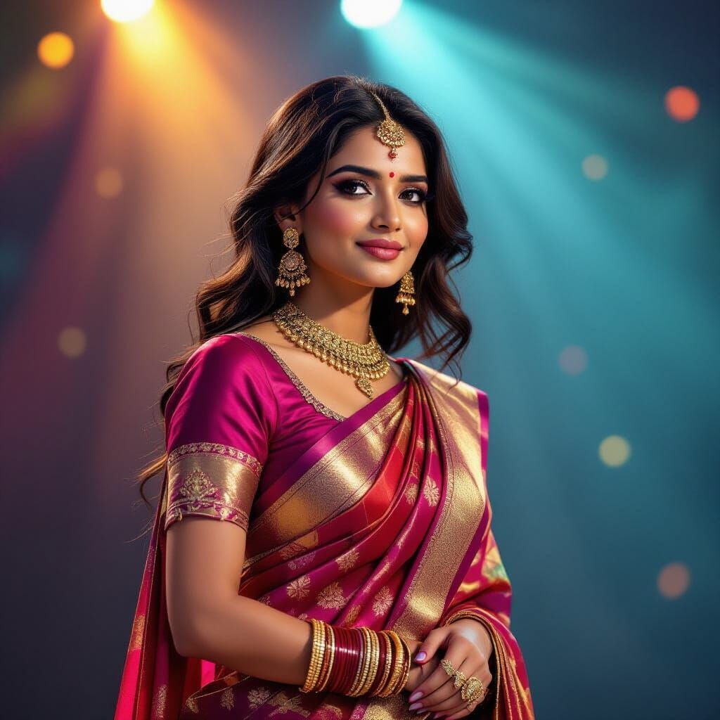 Stunning Indian Woman in Sari on Stage Under Spotlight