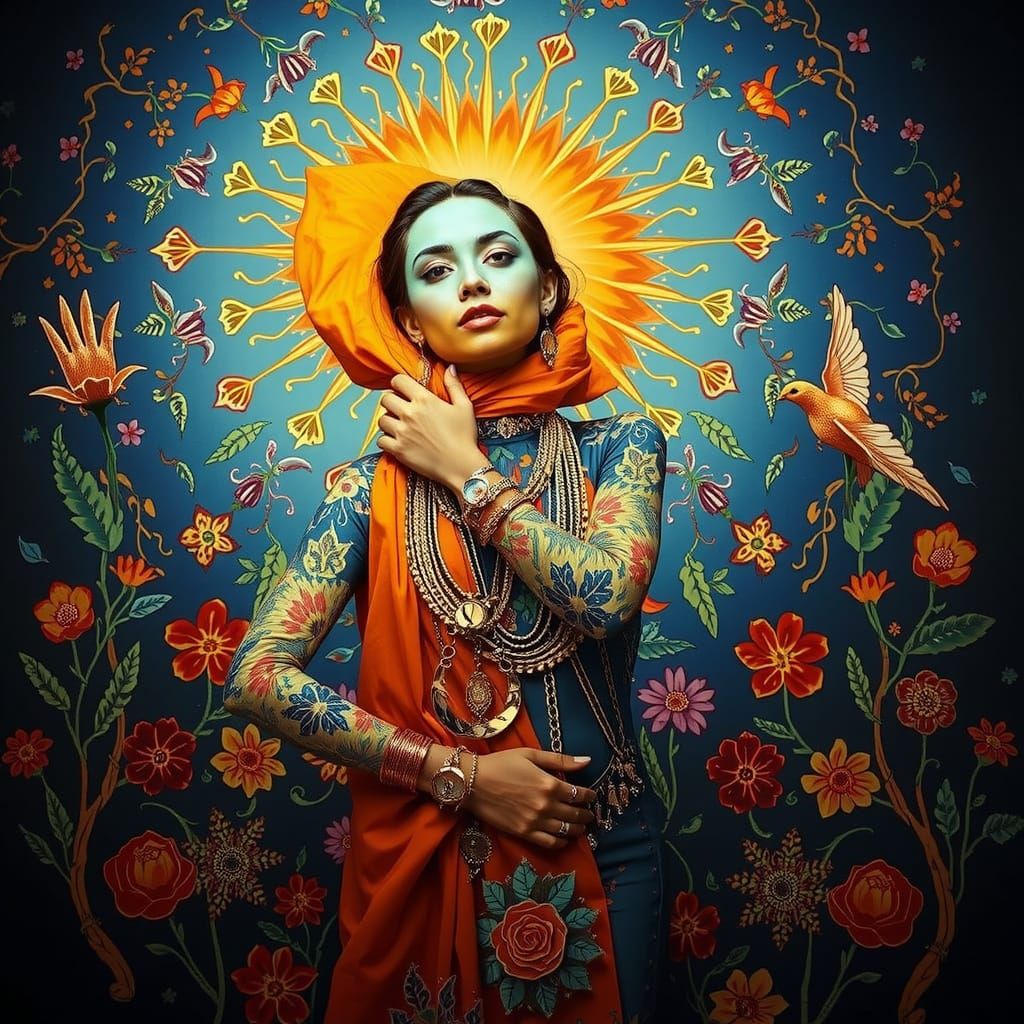 Psychedelic Floral Garden with Cosmic Mystery