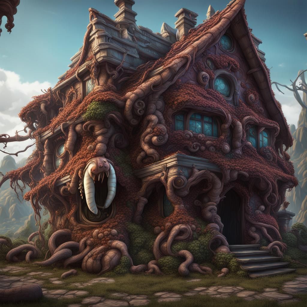 Chunky Worm Consumes House: Detailed Matte Painting